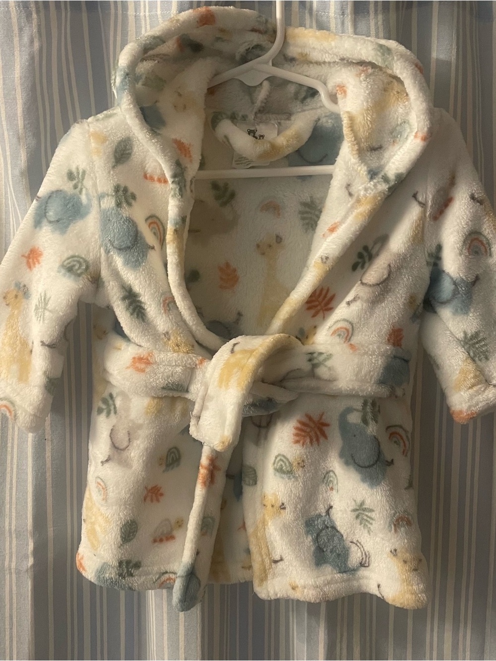 Plush White Hooded Baby Robe with Pastel Animal Print